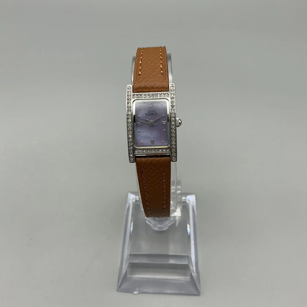 Anne Klein II Womens Watch 17mm Purple Crystal Bezel Brown Leather New Battery